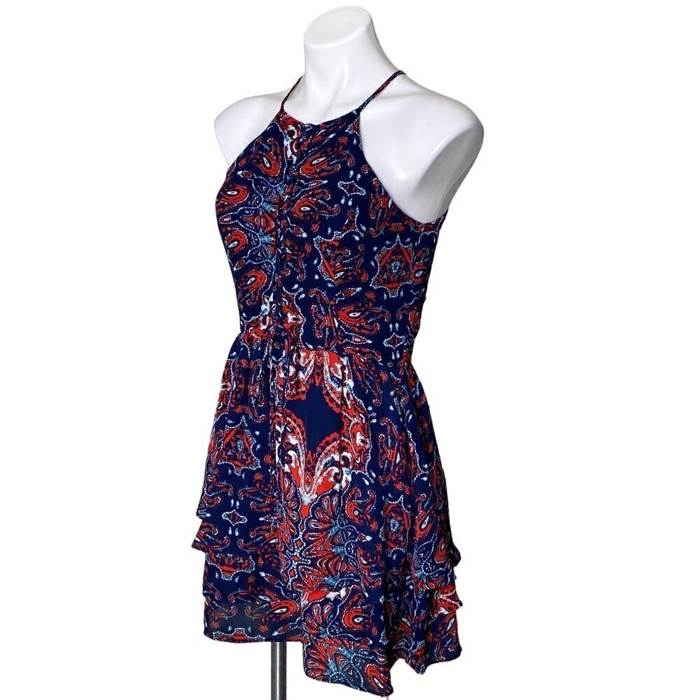 Parker Bandana Print Lace-up Halter Mini Dress, Navy Red Ruffle Hem Women's S - Picture 9 of 12